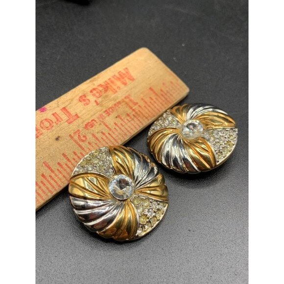 Rhinestones Earrings 80s Chunky Gold Tone Clear Rivoli Rhinestones Round Clips - Picture 6 of 6